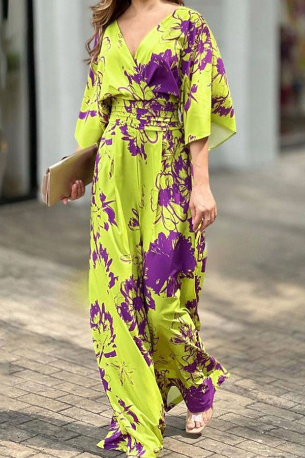 Dolman Sleeved Floral Print Stretch High Rise Maxi Jumpsuit Yellow