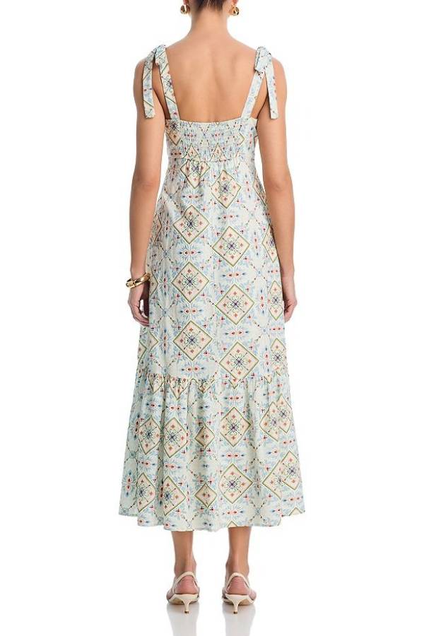 Geometric Ethnic Print Tie-Strap Waisted Tiered Midi Dress