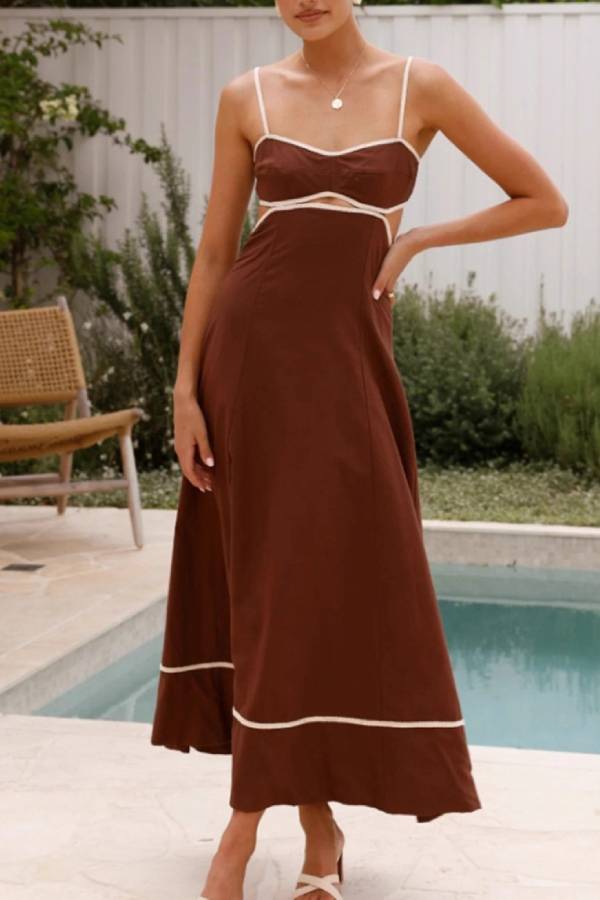 Thin Spaghetti Strap Color-Blocked Binding Cutout Back Bow Flared Hem Maxi Dress