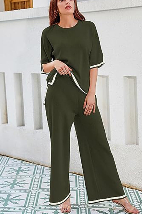 Lounge or Casual Wear Knit Patchwork Color Block Short Sleeve Top and Elastic Wide Leg Pants Green