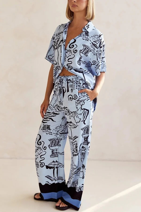 Fashionable Plant Print Loose Lapel Short Sleeve Shirt and Casual Elastic Waist Pocket Pants Set