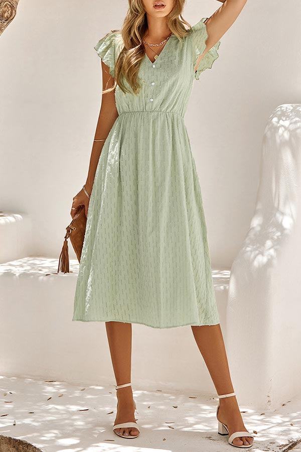Sweet Elegant Solid V Neck A Line Short Sleeve Dress Green S