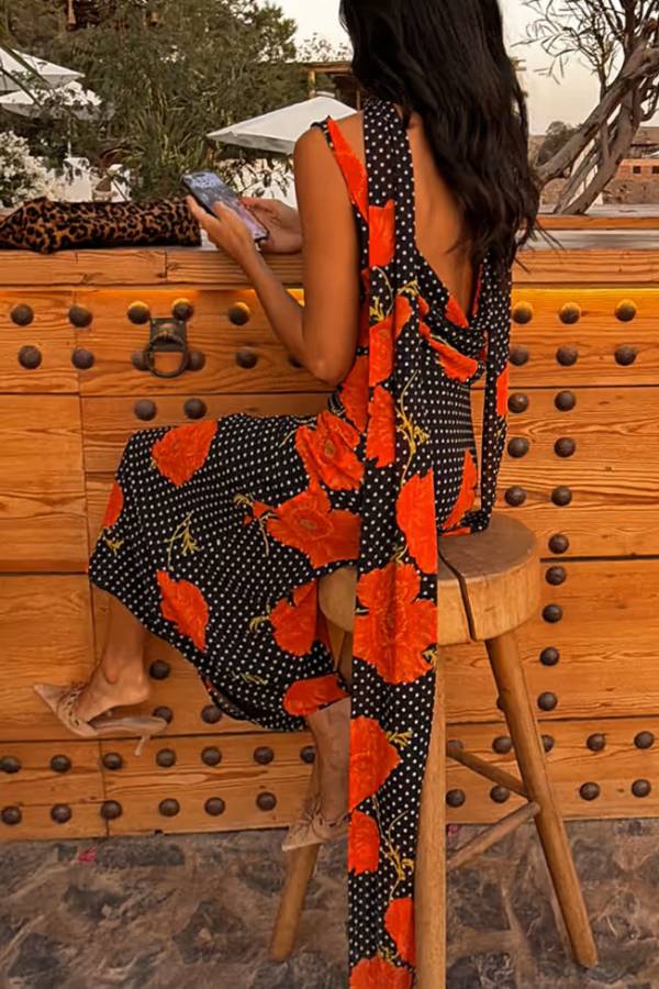 Vintage Print Cowl Neck Sleeveless Maxi Dress