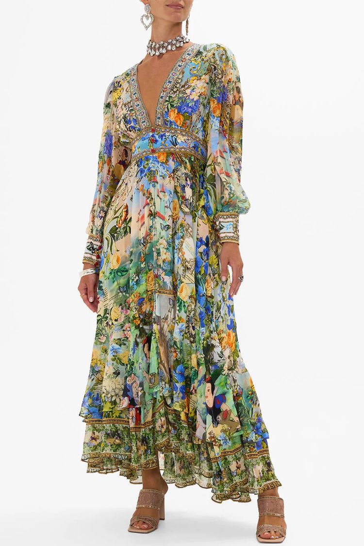 Printed V-neck Long-sleeved Puff Sleeve Waist Maxi Dress Green