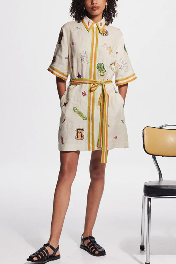 Linen Blend Unique Printed Short Sleeved Pocket Tie Waist Mini Dress Beige