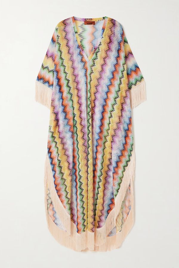 Mezcal Strick Buntes Zickzack-Muster Lockeres Kaftan-Maxikleid mit Quastenbesatz