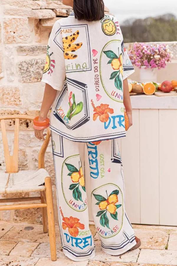 Summer Plant Fruit Print Casual Short Sleeve Shirt and Elastic Waist Loose Wide Leg Pants Set