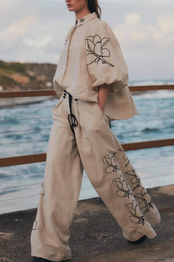 Fashionable cotton and linen printed wide-leg pants suit White