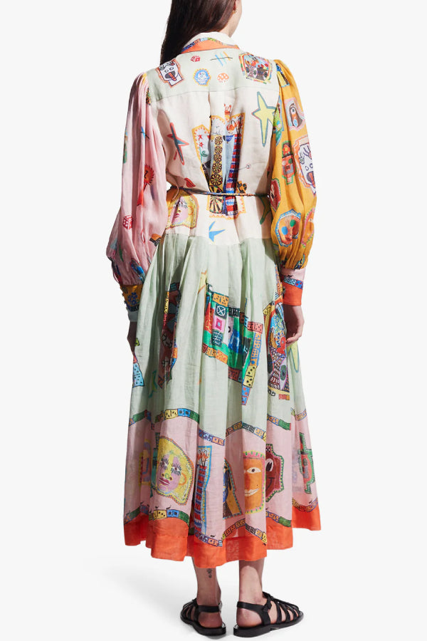 Set for Vacay Unique Print Colorblock Balloon Sleeve Belt Shirt Maxi Dress