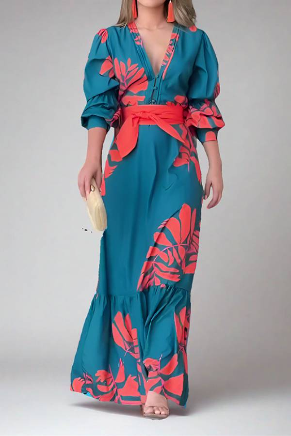 Floral print V-neck lantern sleeve fitted waist long dress