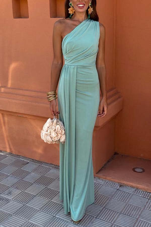 Capita Ruched One Shoulder Sleeveless Dress Green