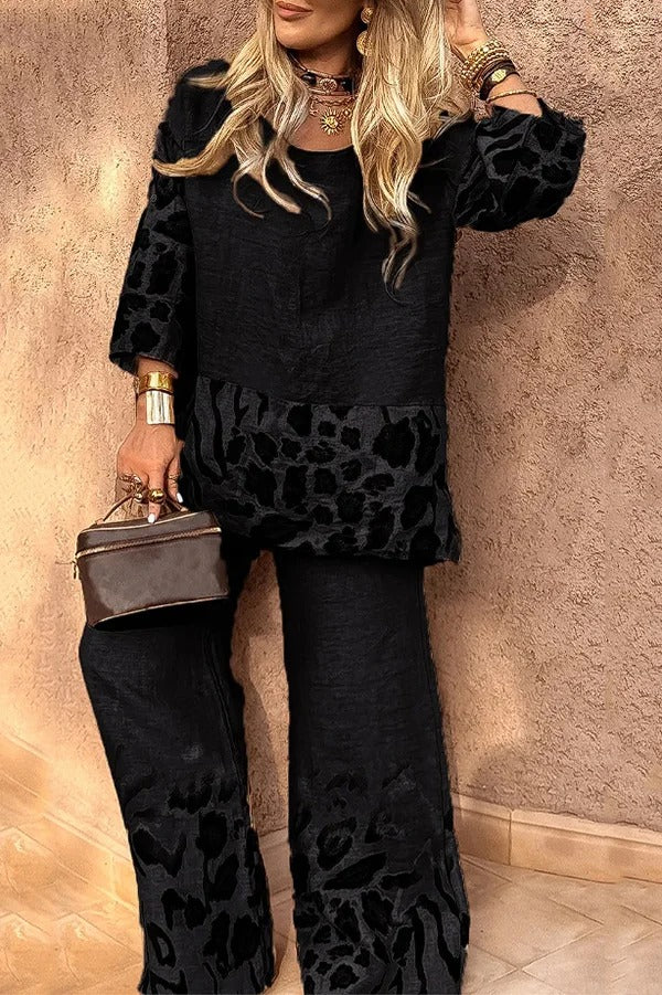 Leopard Print Crew Neck Loose Top and Elastic Waist Casual Wide-leg Pants Set