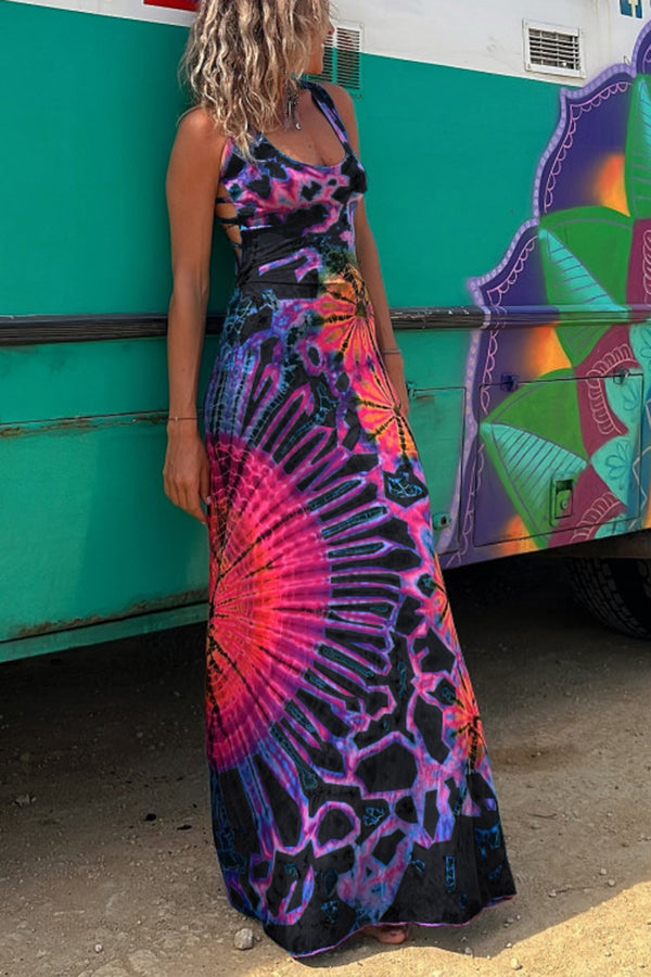 La Bamba Tie-dye Print Back Lace-up Stretch Maxi Dress Black