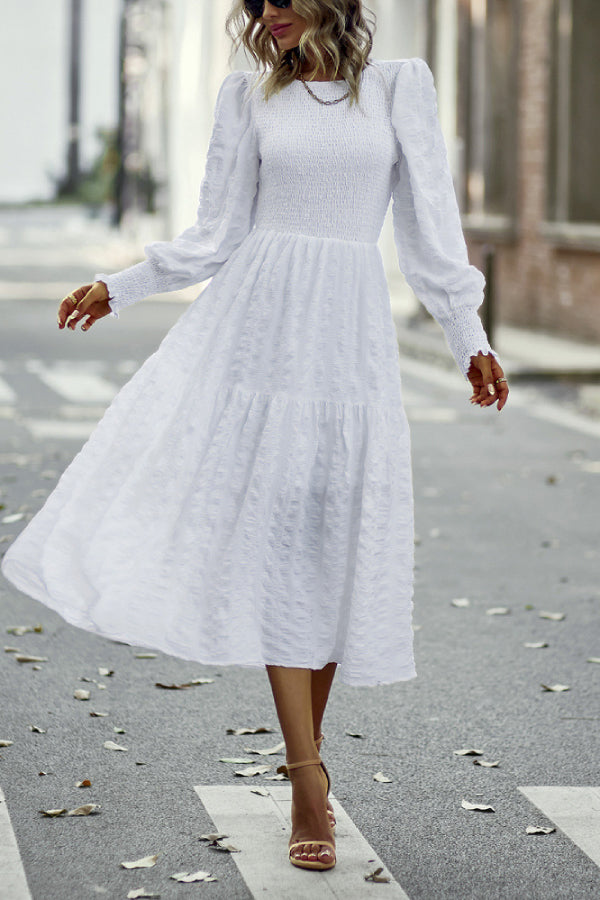 Solid Lantern Sleeve Ruffle Hem Shirred Dress White