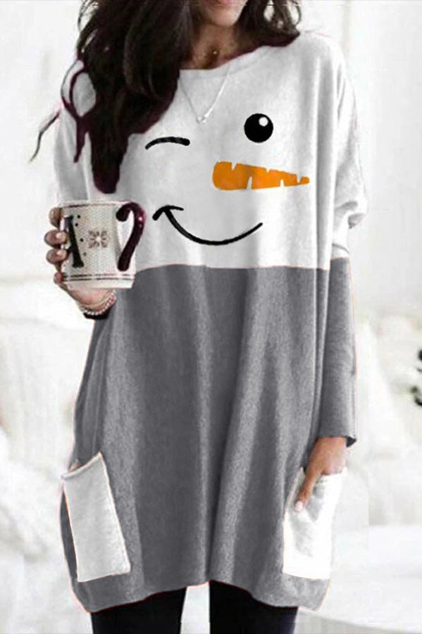 Snowman Print Long Sleeve Pocket Pullover Mini Dress 4