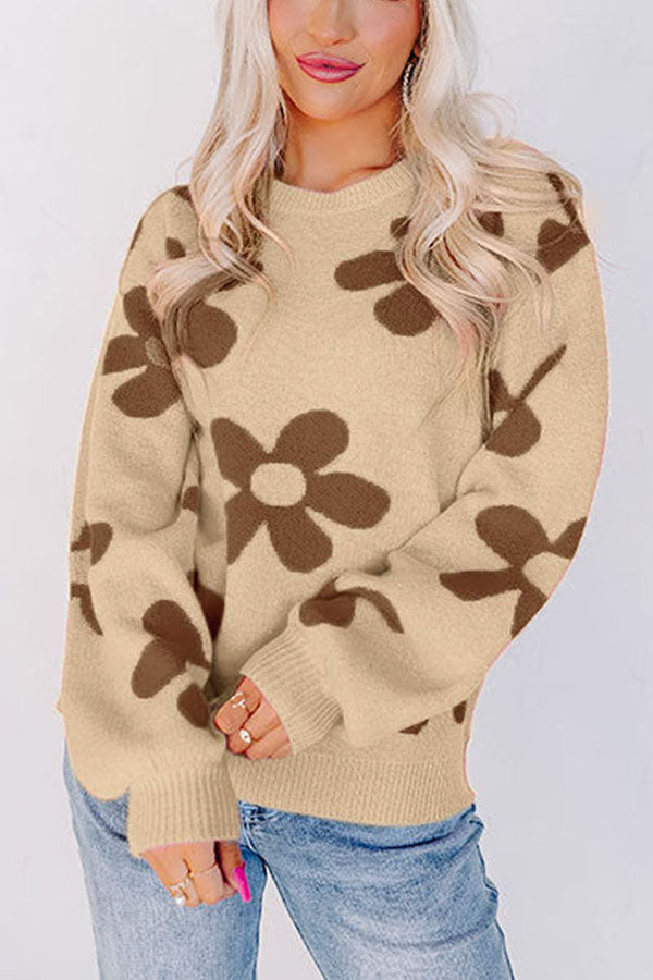 Floral Print Knitted Long Sleeve Pullover Sweater Beige