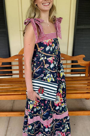 Striped Bow-Strap Printed Tiered Maxi Dress