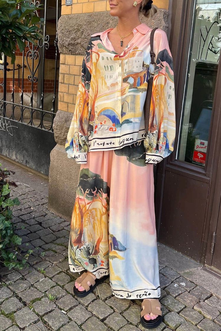 Ellison Unique Print Button Up Long Balloon Sleeve Loose Blouse