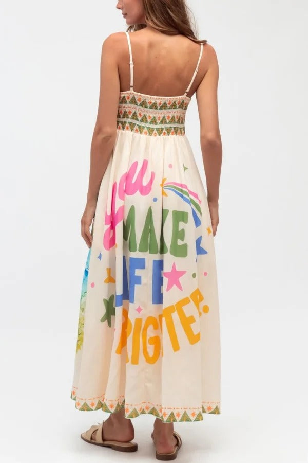 Unique Printed Spaghetti Strap Pleated Casual Maxi Dress
