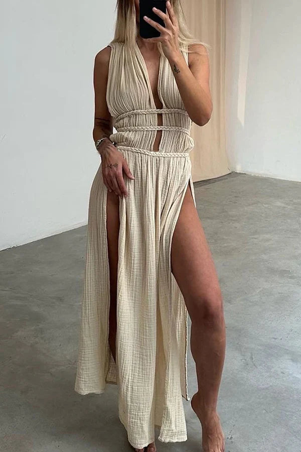 Boho with Elegance Linen Blend Braids Belt Cutout Slit Kaftan Maxi Dress Beige