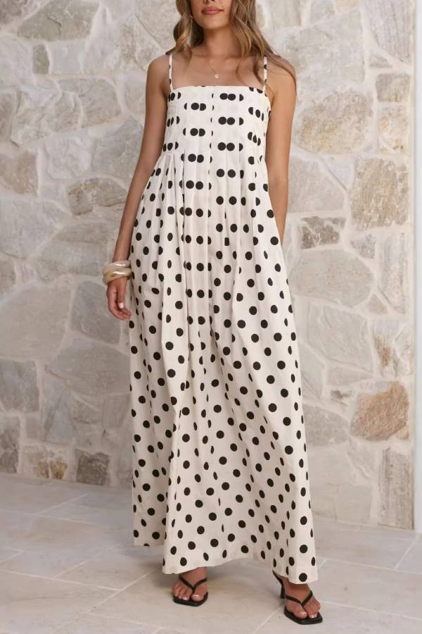 Polka Dot Print Square Neck Gathered Slip Maxi Dress