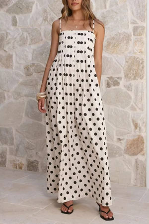 Polka Dot Print Square Neck Gathered Slip Maxi Dress