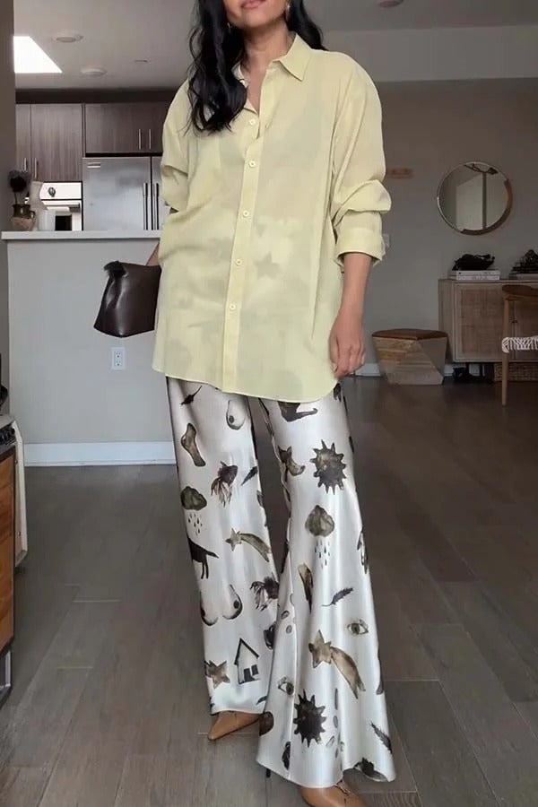 Pantalon large à taille élastique et imprimé unique en satin The Finishing Touch