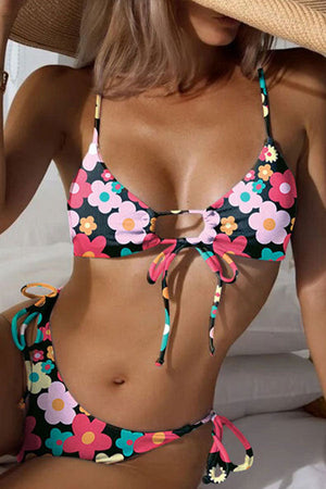 Newly Printed Lace-up Split Swimsuit Purple