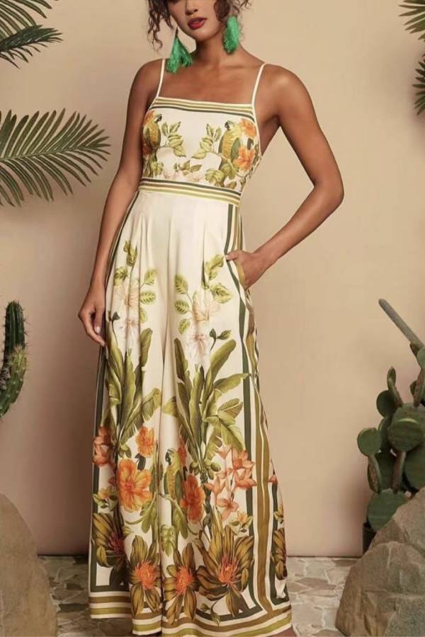 Tropical Print Cami Waisted Wide-Leg Jumpsuit