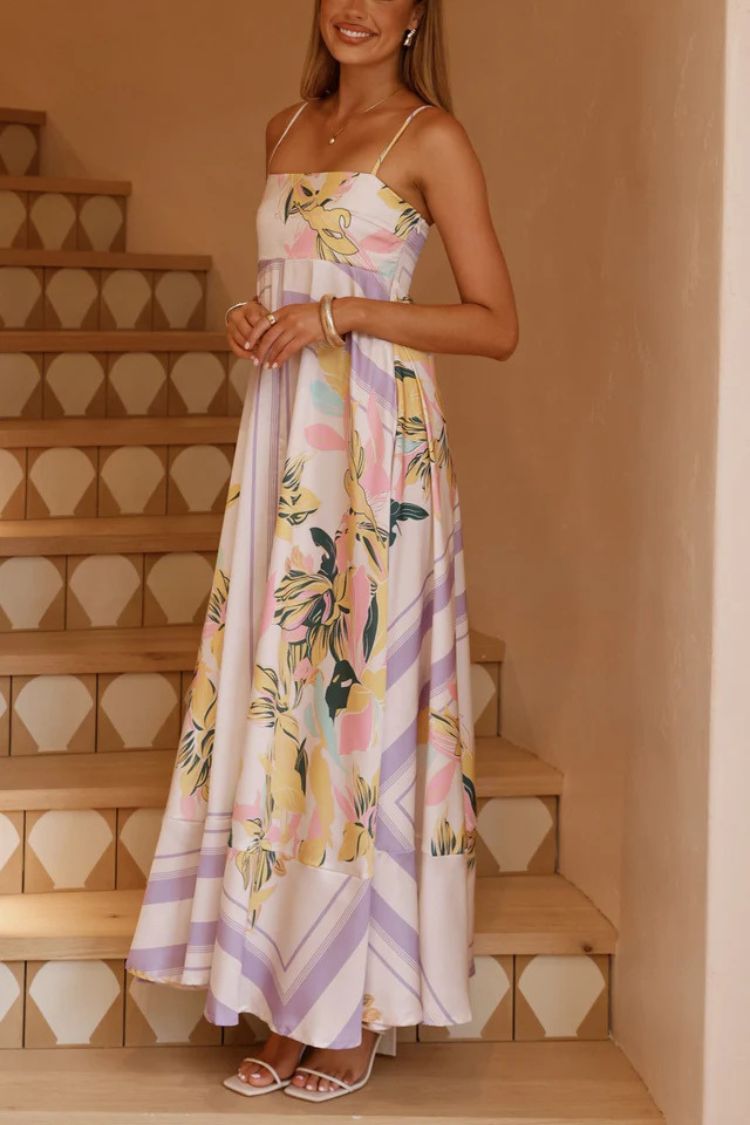 Botanical Print Square Neck Suspender Casual Full Hem Maxi Dress