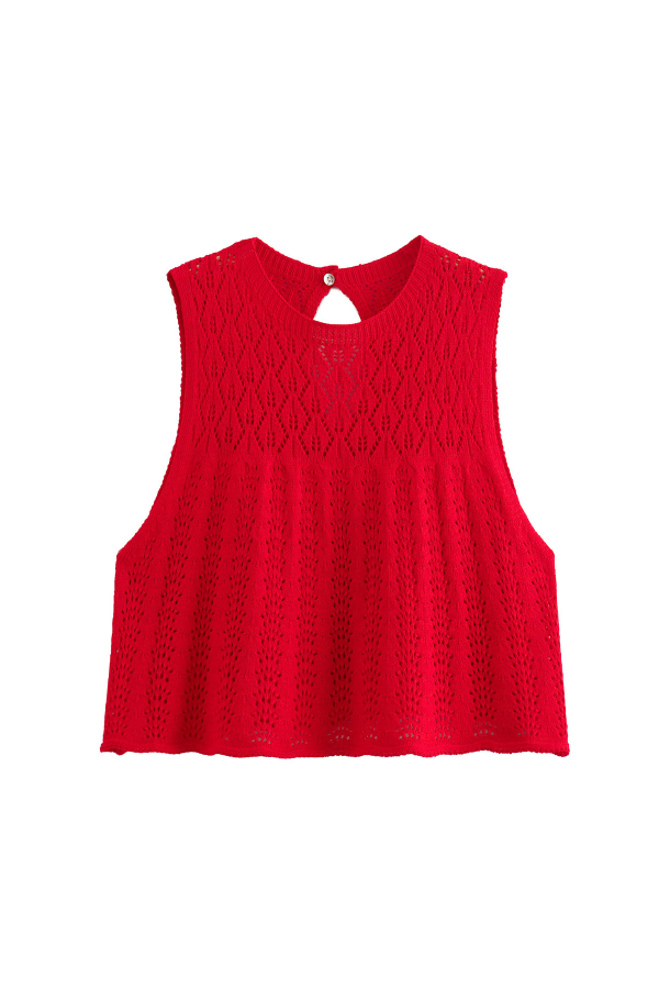 Knitted Vest Hollow Top + Knitted High Waist Mini Skirt Red