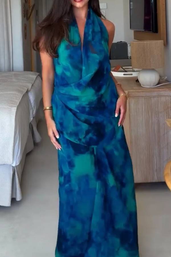 Halter Cowl Neck Tie Dye Maxi Dress