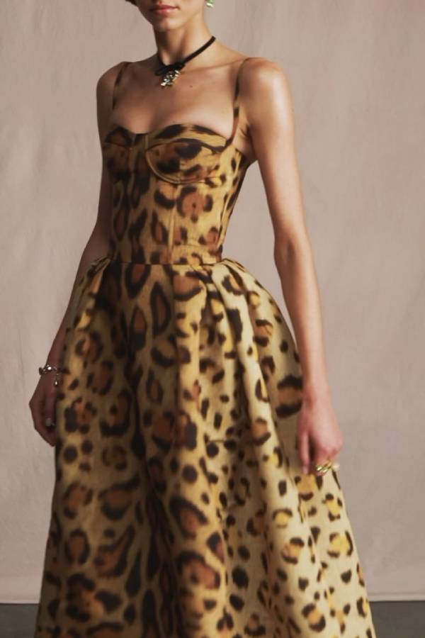 Vintage Leopard Corset Spaghetti Strap Full-Length Ball Gown