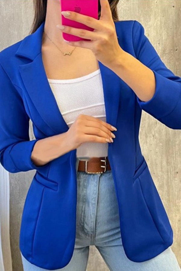 Marciela Solid Color Button Up Side Pocket Blazer Blue