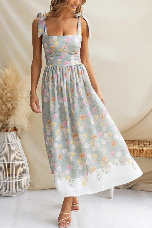Elegant Floral Print Suspenders Slim Maxi Dress