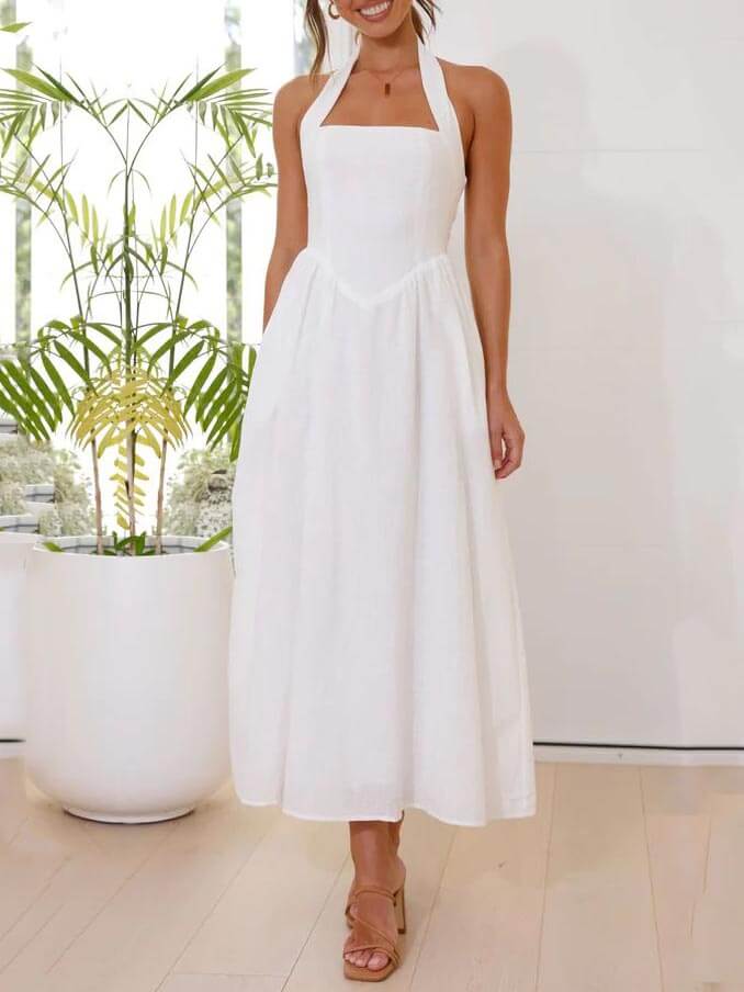 Neckholder-Taille, kleines schwarzes Kleid, mittellanges Kleid