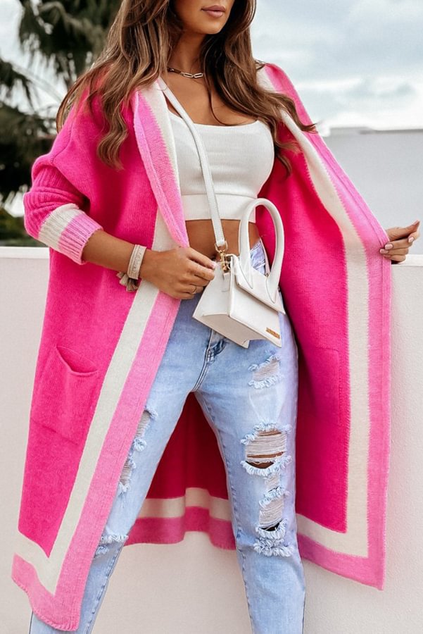 Catch Your Gaze Colorblock Pocket Hooded Long Cardigan Red