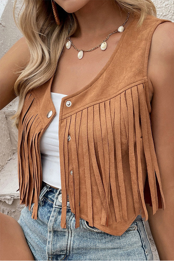 Camel Fringed Snap Button Front Cropped Suedette Vest CAMEL