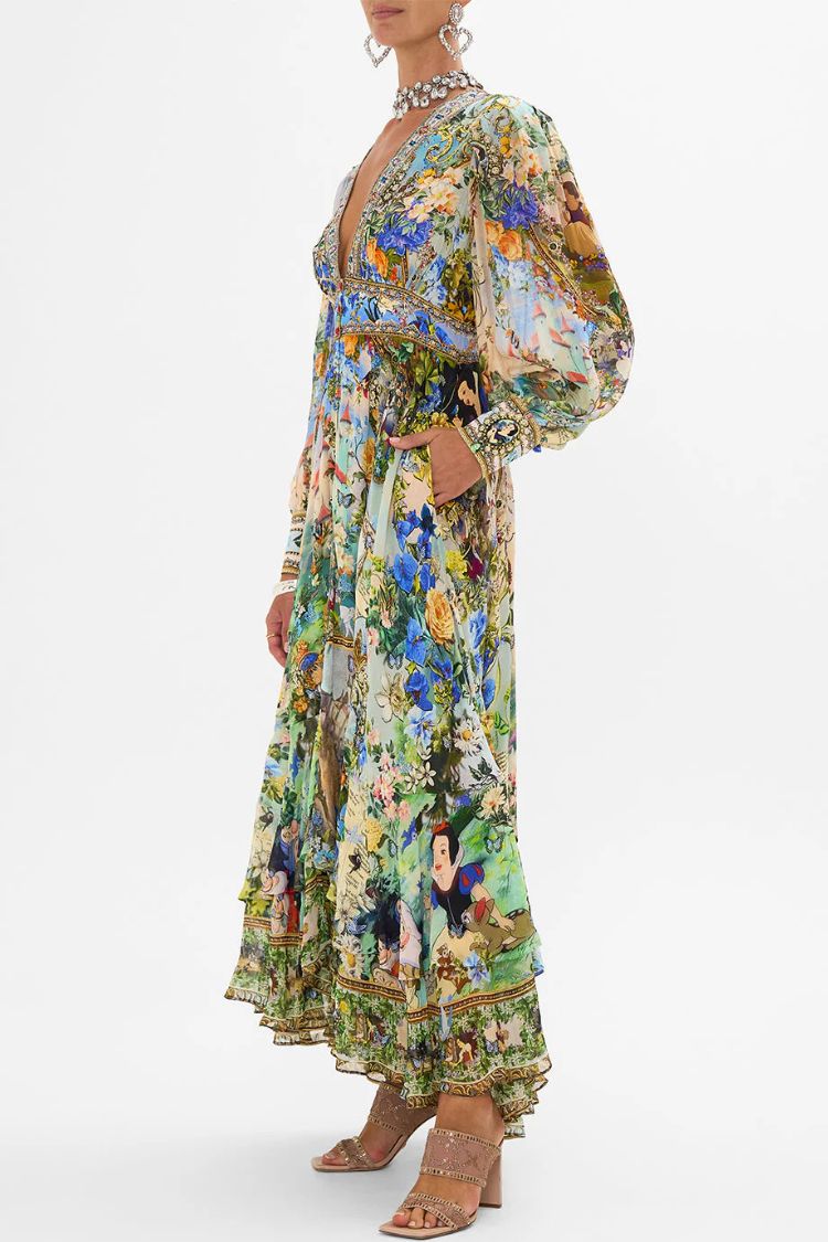 Printed V-neck Long-sleeved Puff Sleeve Waist Maxi Dress