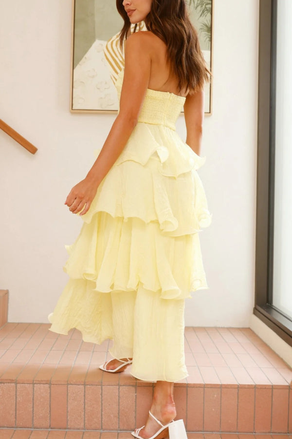 Pure Color Sexy Tube Top Backless Multi-layered Maxi Dress