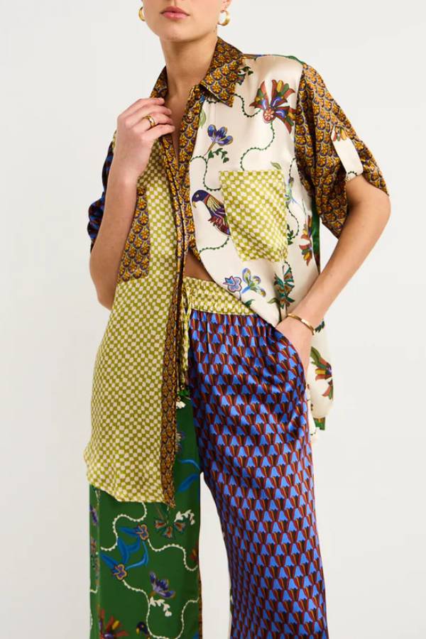 Retro Color-Block Printed Satin Shirt & Wide-Leg Pants Set