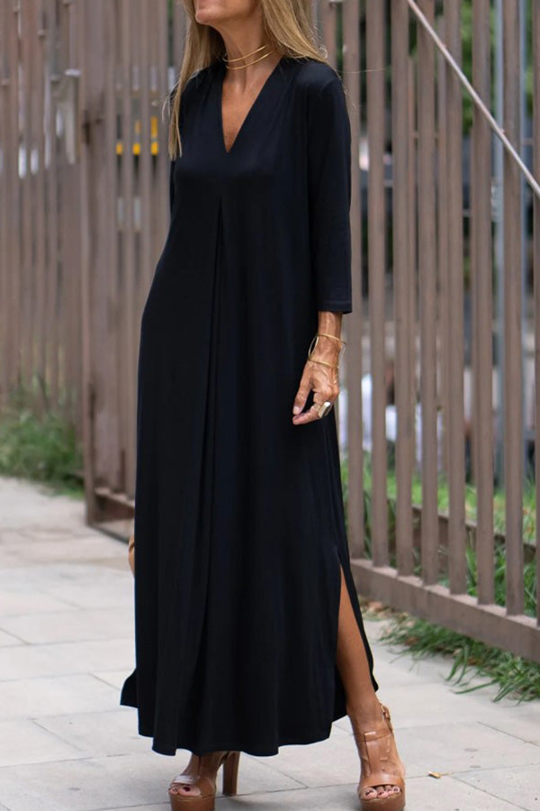Fashion solid color V-neck three-quarter sleeves knitted long slit dress Black