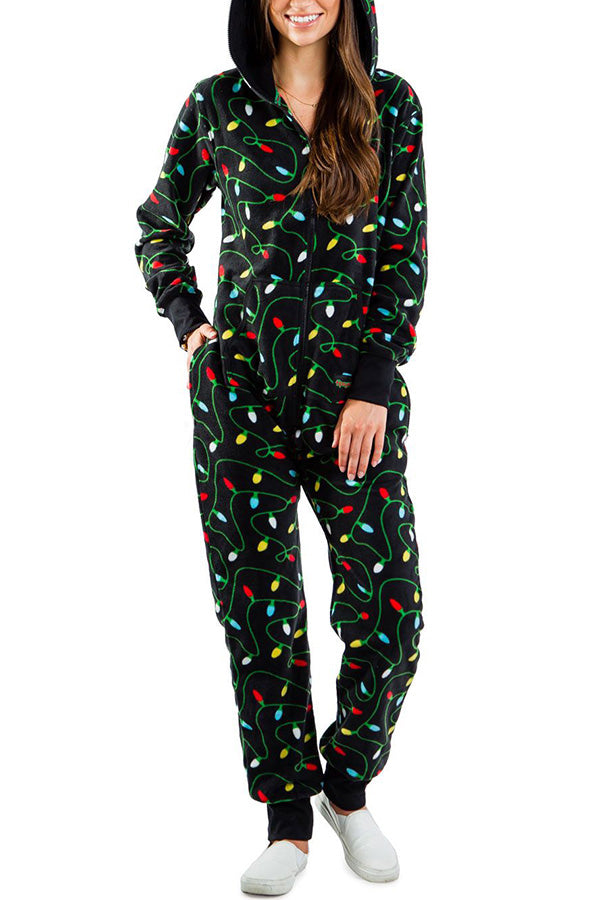 Christmas Print Zipper Pocketed Hooded Loungewear Jumpsuit 9