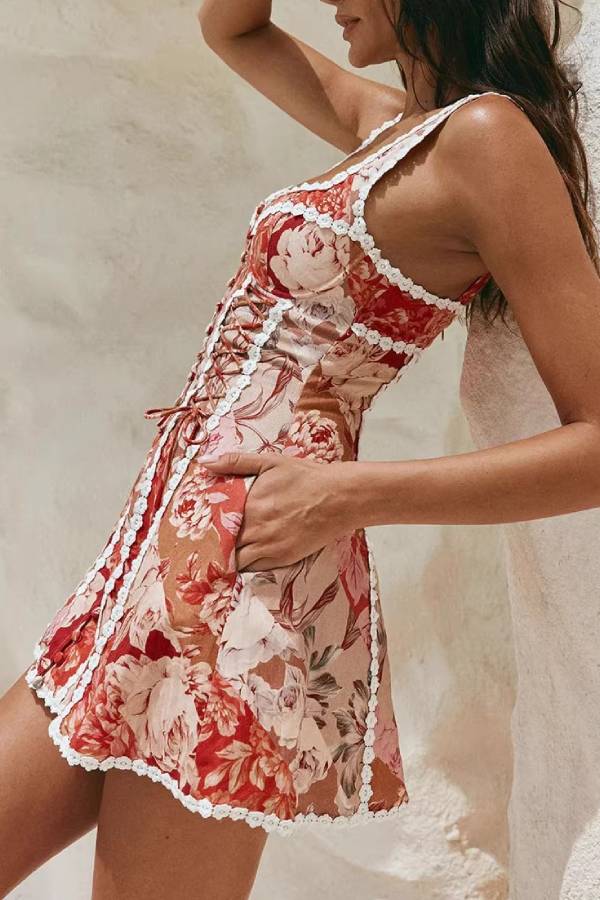 Vintage Floral Print Lace Trim Corset Style Mini Dress