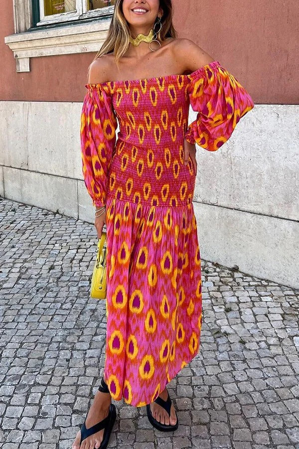 Venita Unique Printed Off Shoulder Balloon Sleeve Smocked Midi Dress Red
