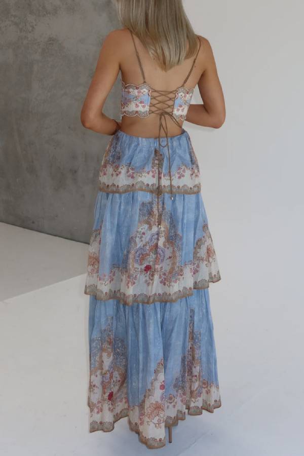 Bohemian Printed Spaghetti Strap Tiered Maxi Dress
