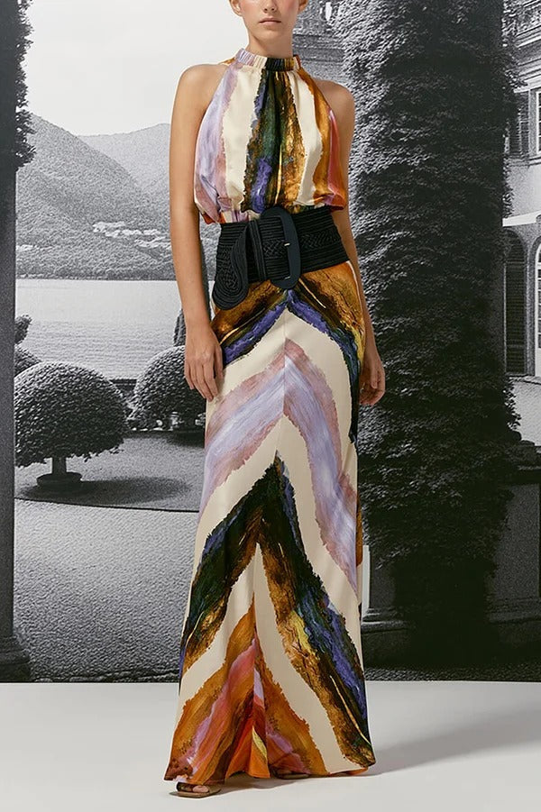 Unique Print Sleeveless Stretch Stand Collar Top and Elegant Maxi Skirt Set