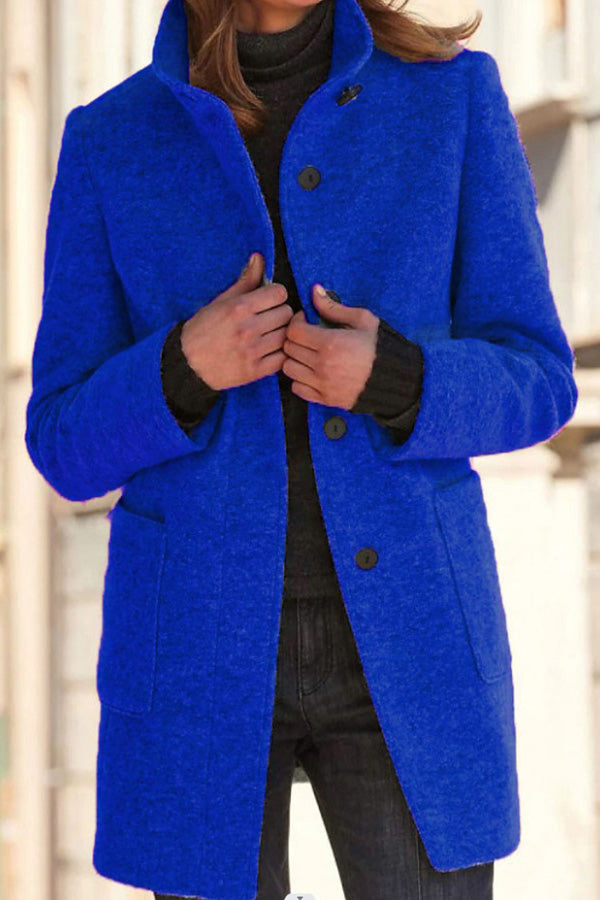 Retro Solid Color Button Stand Collar Wool Jacket Blue