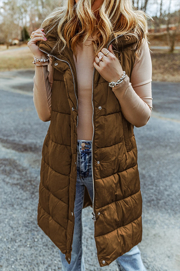 Hooded Pocketed Quilted Long Vest Coat CHESTNUT