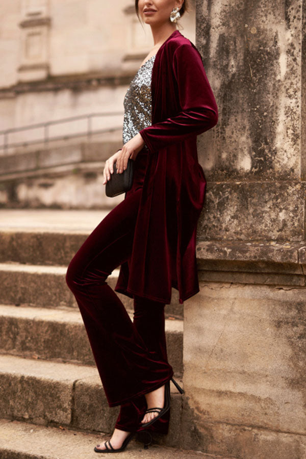 LUXE LADY VELVET LONG SLEEVE OPEN FRONT DRAPE MIDI KIMONO Wine Red